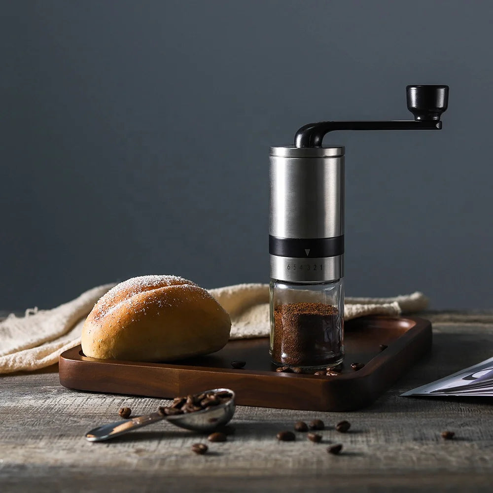 Black Color 1Cup Glass Jar Stainless Steel Body Plastic Handle Ceramic Corn Hand Manual Coffee Grinder with S/S Lid