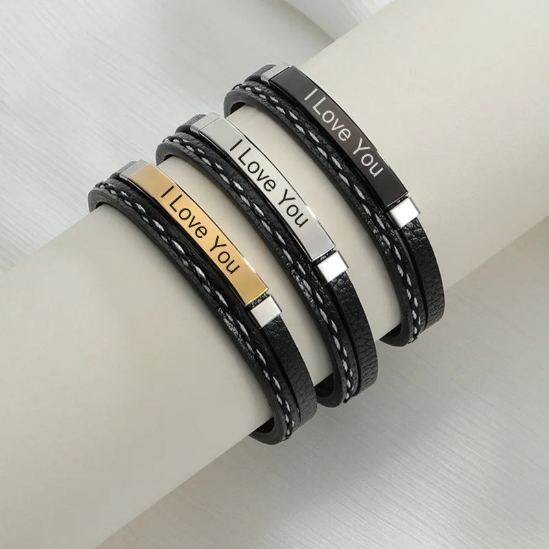 New Arrival Leather Braid Men Bracelet Stainless Steel Charm Can Engraved Personalized Name Bracelet