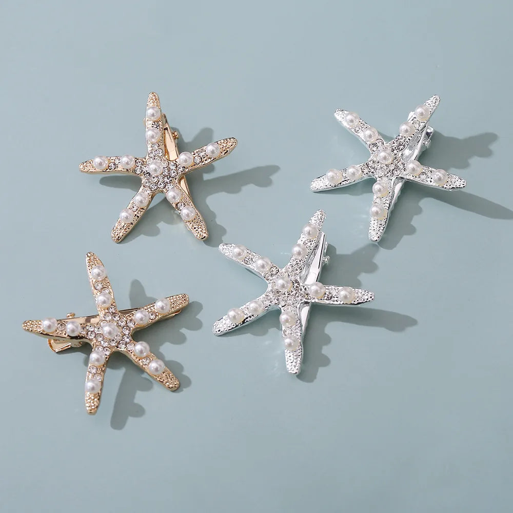 SLBRIDAL Alloy Rhinestones Crystal Pearls Starfish Bridal Hair Clip Barrettes Wedding Hair Accessories Women Girls Jewelry