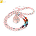 CSJA Wholesale Tree of Life Wire Wrapped Pendant Healing Natural Stone Rose Quartz Crystal Beaded Necklace S476