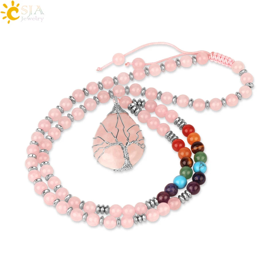 CSJA Wholesale Tree of Life Wire Wrapped Pendant Healing Natural Stone Rose Quartz Crystal Beaded Necklace S476