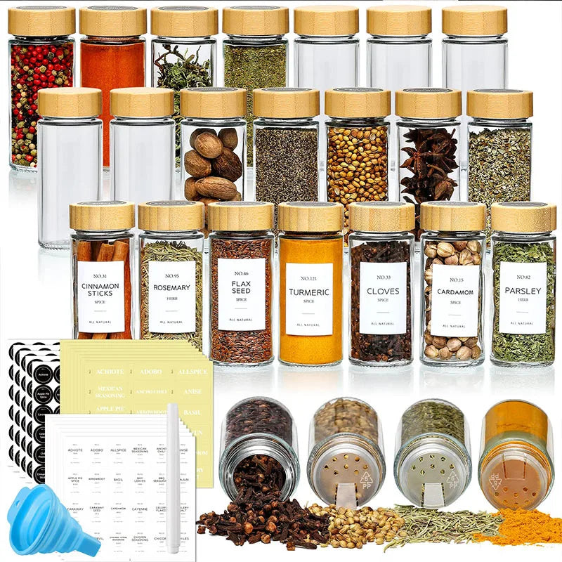 Canister Wood Lid Spice Jars Herb and Spice Containers Seasoning Bottles 4 oz square Glass Spice Jars with Wooden Bamboo Lid Set
