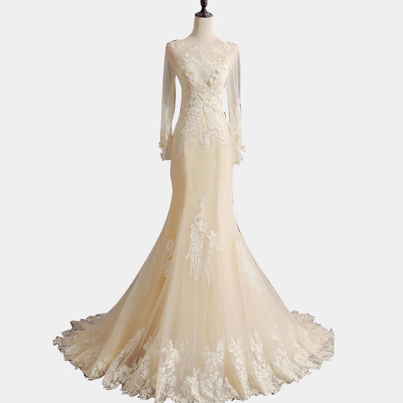 9157# New Designs Wholesale Champagne Wedding Gown Small Train O-Neck Long Sleeve Backless Lace Vintage Dress Bridal Mermaid