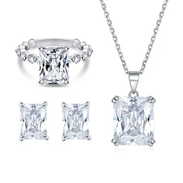 925 Sterling Silver Rectangular Square Zircon Ring Earrings Necklace Jewelry Set for Women