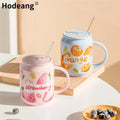 15oz Portable Handle Strawberry Flower Coffee Tea Cup Cute Gift Ceramic Mug With Lid and Straw