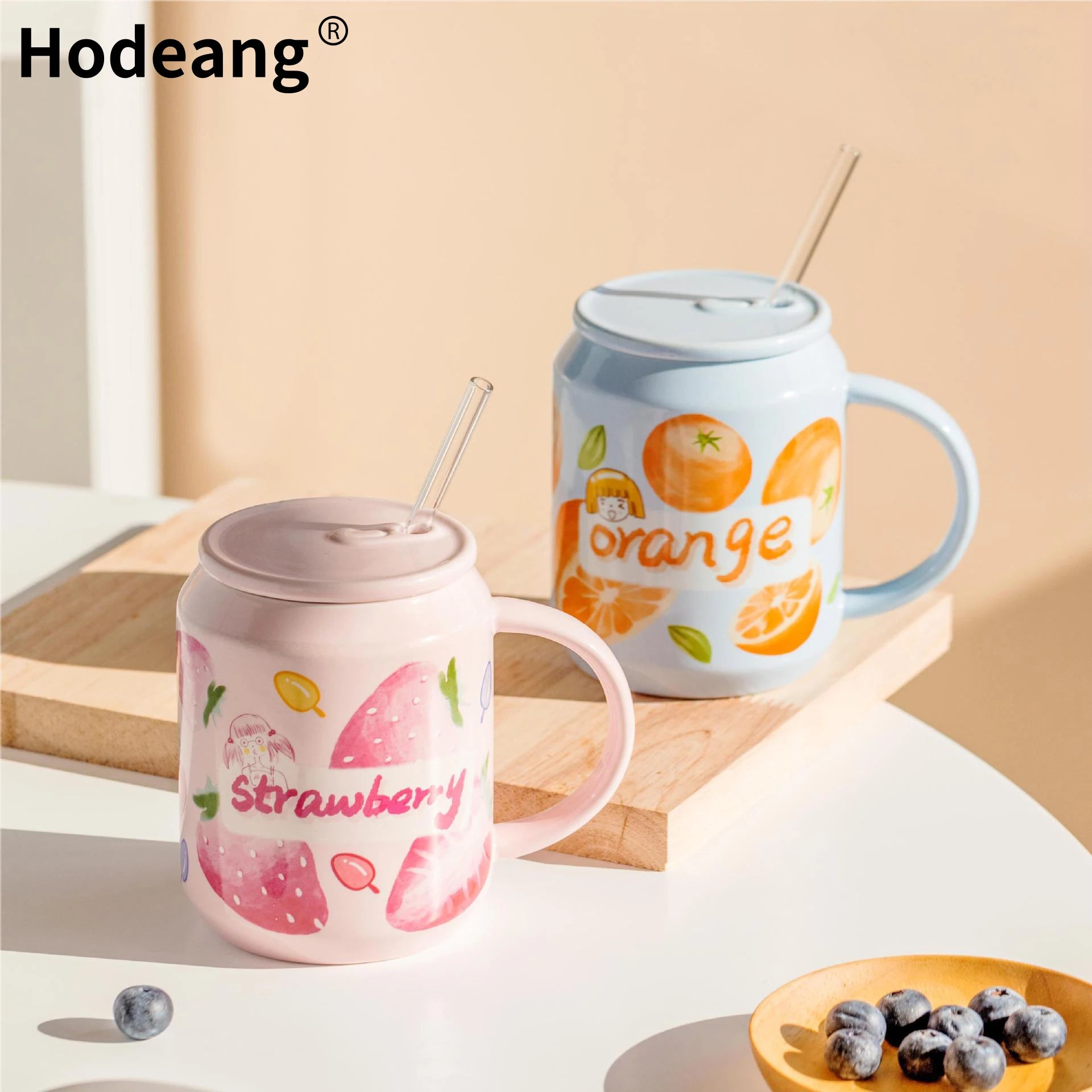 15oz Portable Handle Strawberry Flower Coffee Tea Cup Cute Gift Ceramic Mug With Lid and Straw