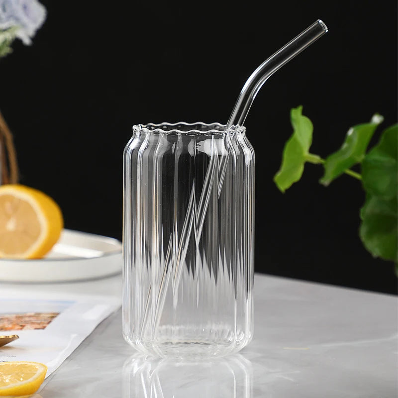 Hot Sale 550ml Ribbed Vertical Strips Clear Coffee Soda Beer Can Shaped Glass Cup Ribbed Cocktail Glasses Iced Coffee Glasses
