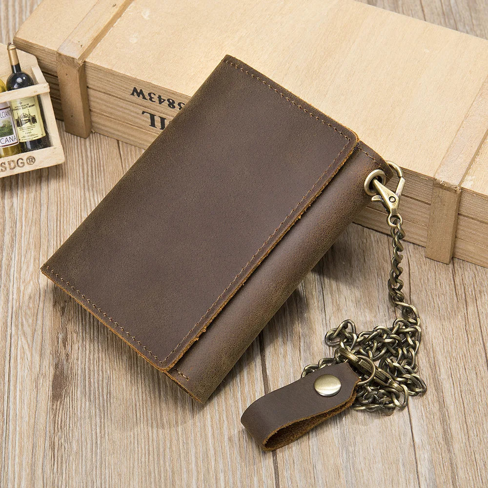 Genuine Leather RFID Blocking Retro Men Slim Wallet Card Holder Wallets with Chain