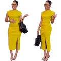 Y6038 Celebrities Solid Color Patchwork Slit O Neck Long Dresses
