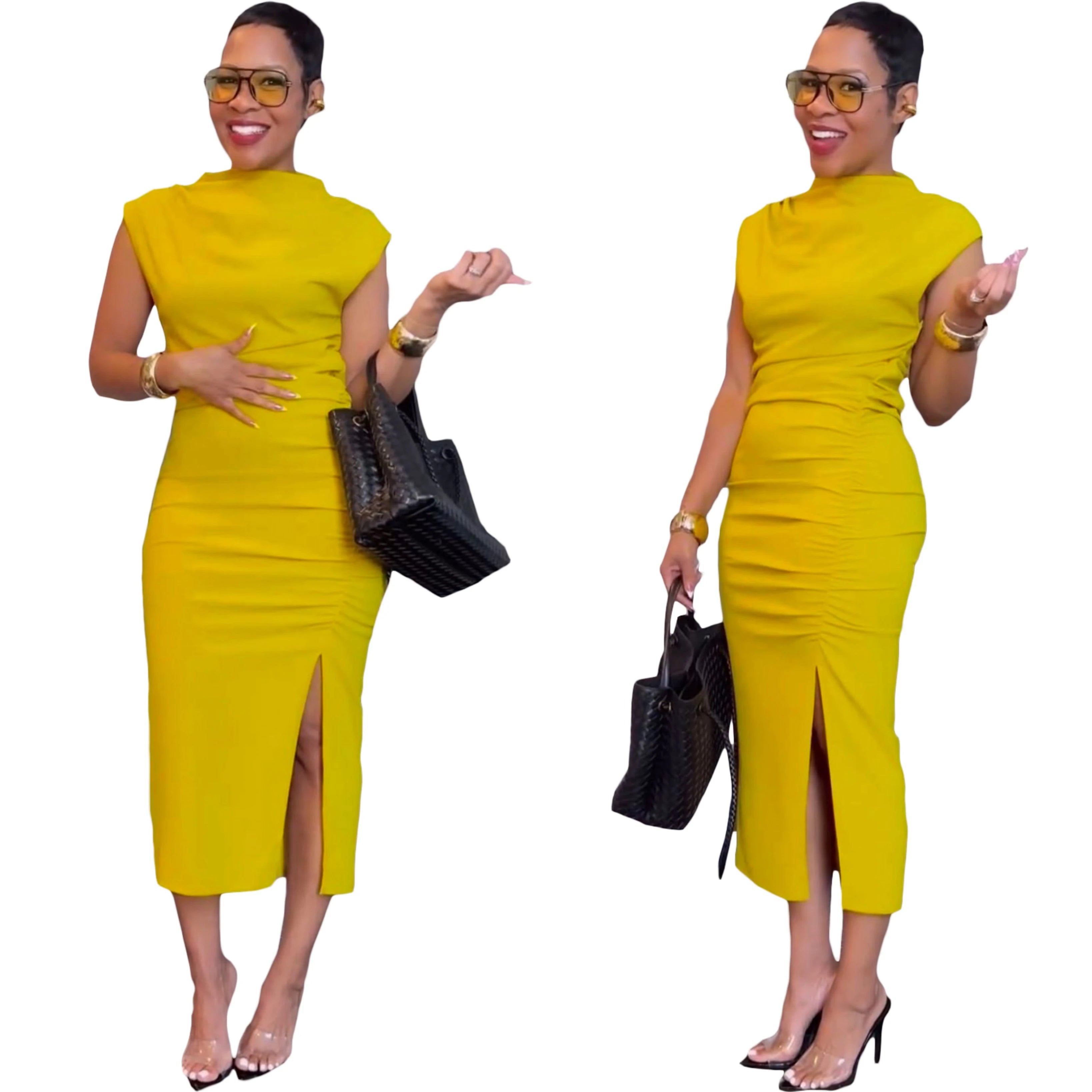 Y6038 Celebrities Solid Color Patchwork Slit O Neck Long Dresses