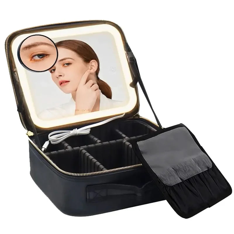 Manufacturers Custom Large Waterproof Nylon Zipper Travel Make up Hard Case Makeup Pouch Cosmetic Bag With Light up Led Mirror