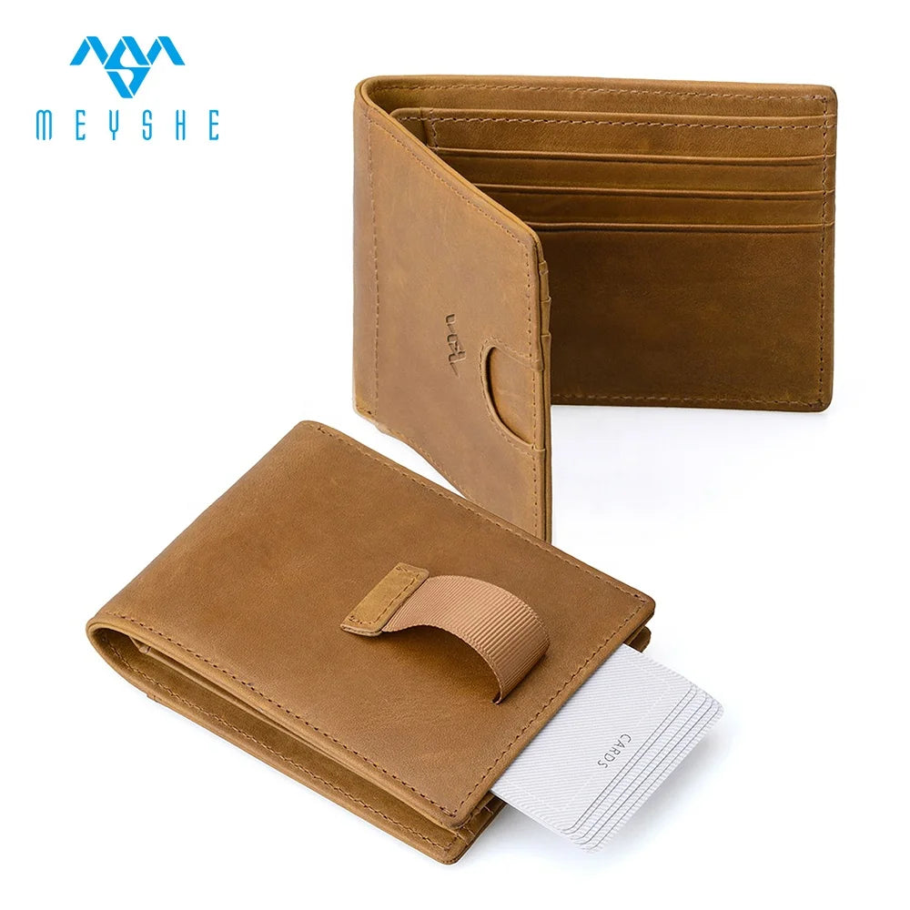 Factory Price Custom High Quality Crazy Horse Genuine Leather RFID Blocking Slim Popup Card Holder Wallet MEYSHE Men's Fashion