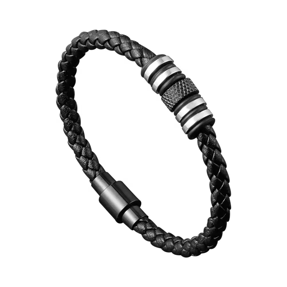Alin Personalized Black Braided Leather Bracelet With Yellow Gold Plated Circle Mens Custom Fine Jewelry Bracelet