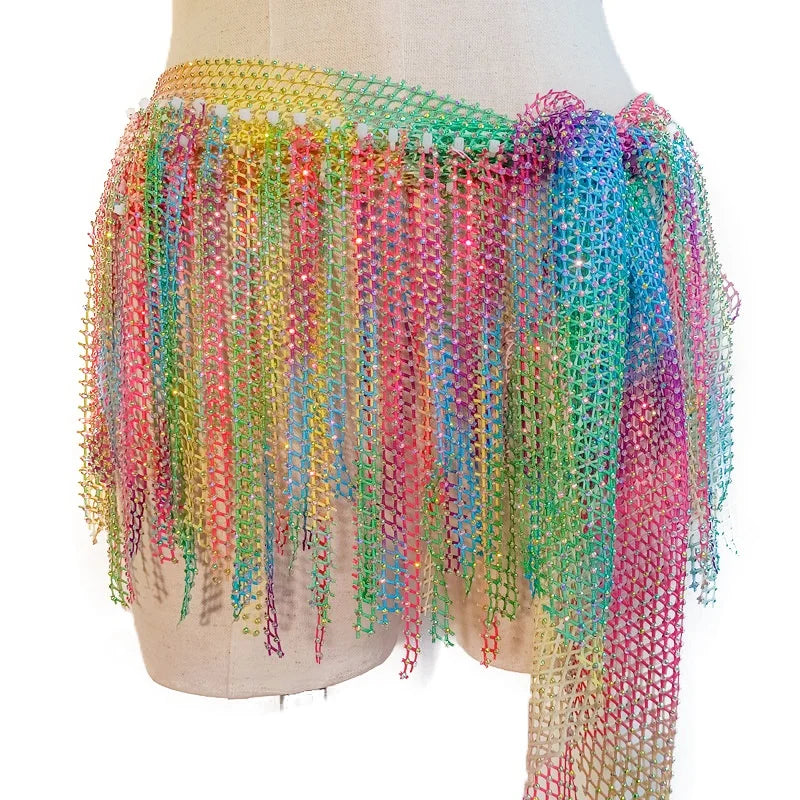Wholesale Elegant Shiny Mesh 3 Lay Rhinestone Tassel Wrapped Waist Hip Scarf Chain for Women Belly Dance Performance