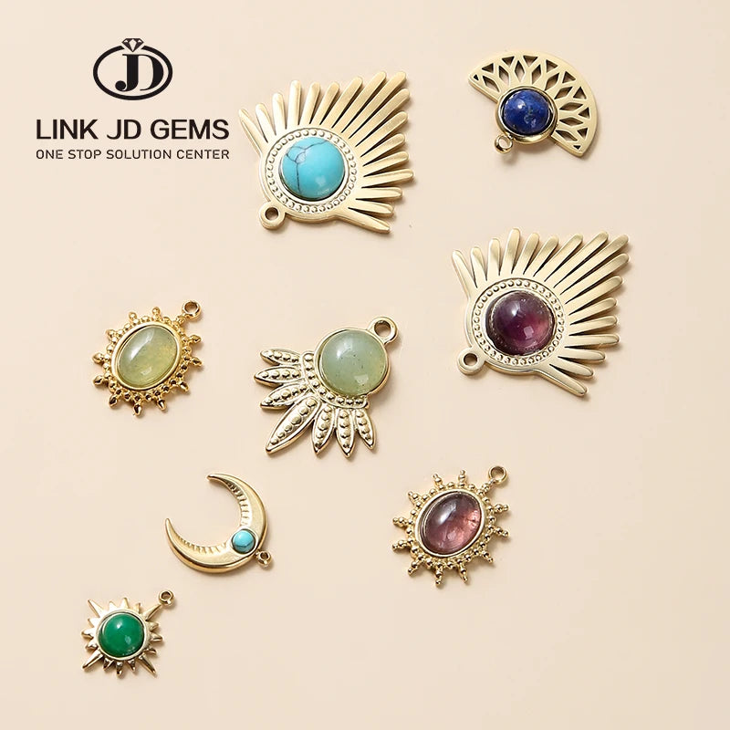 JD Wholesale Amethyst Blue Turquoises Inlay Stainless Steel Pendants Natural Stone Bohemian Charms for Jewelry Making Accessory