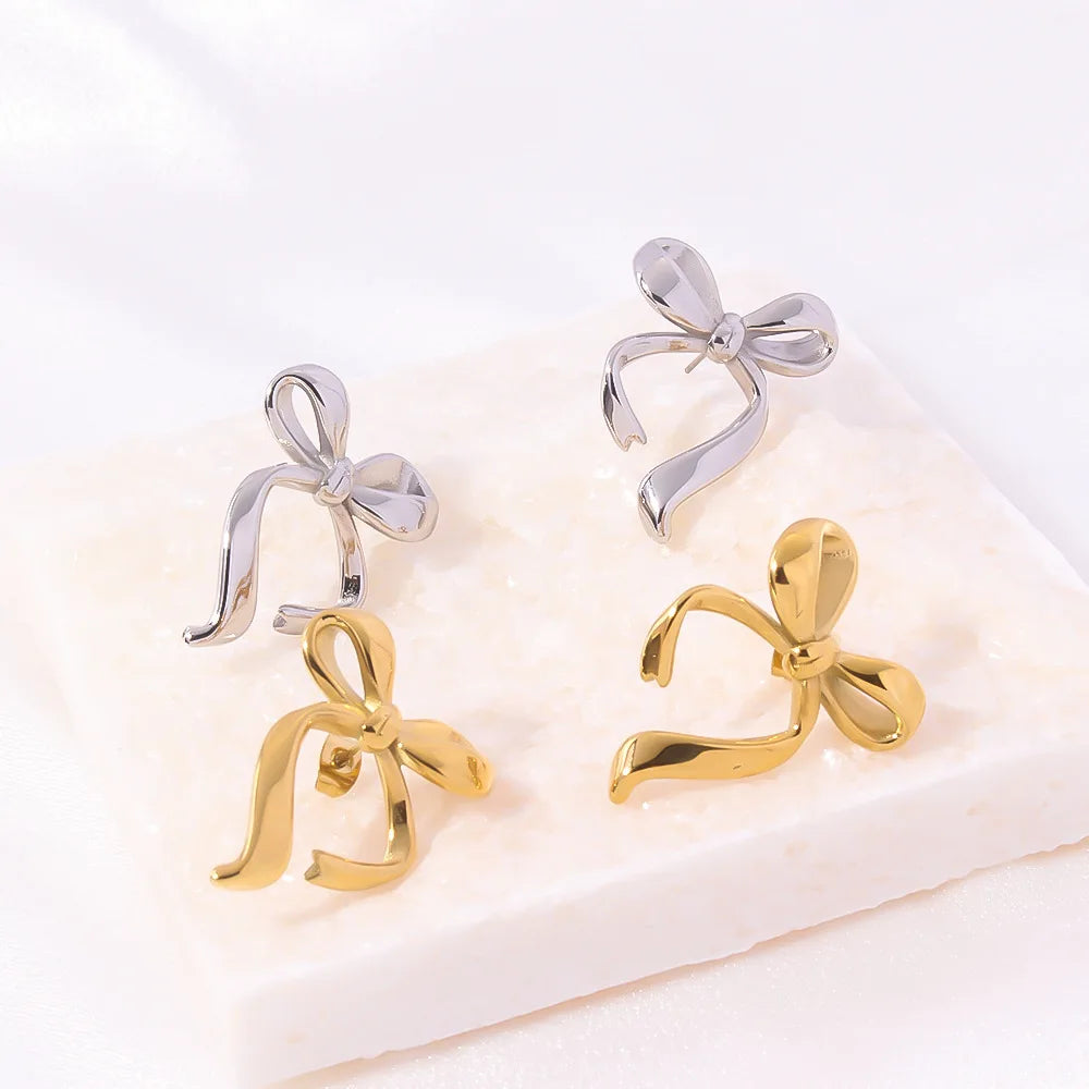 Dainty 18K Gold Plated Bow Stud Earring Stainless Steel Coquette Lovely Ribbon Everyday Earrings Jewelry Christmas Gift