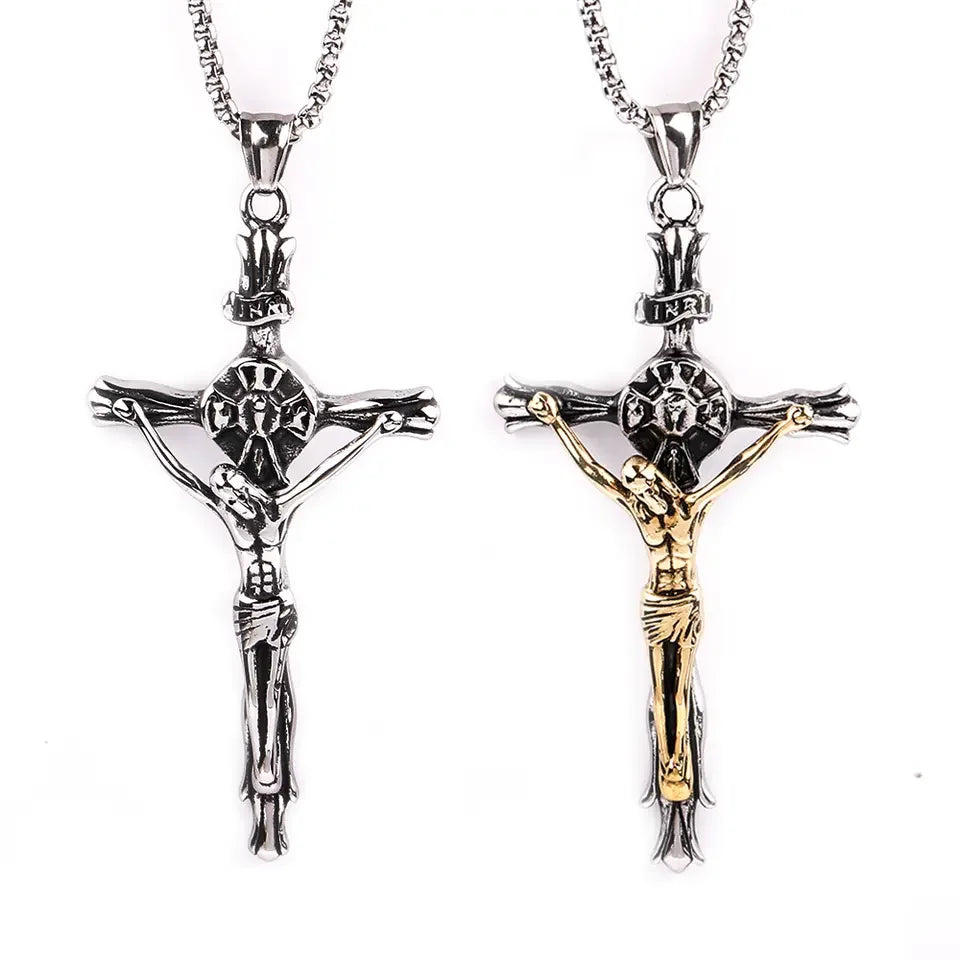 Hip Hop Religious Men Jewelry Wholesale Christian Crucifix Stainless Steel Jesus Cross Pendant Necklace Chunky Link