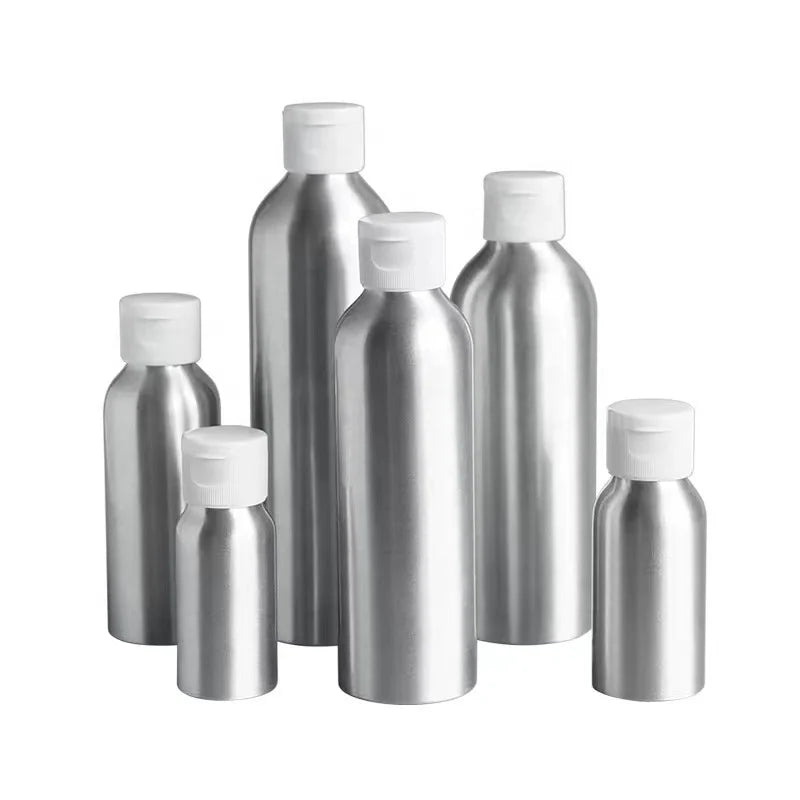 New Style Hot Selling 30ml 50ml 100ml 150ml 200ml Cosmetic Packaging Silver Metal Aluminum Lotion Bottle White Essential Oils