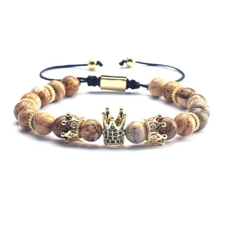 2023 Luxury Wholesale Unisex Jewelry Couple Men Crystal Zircon king Crown Charm Natural Stone Bead Adjustable Bracelet for Women