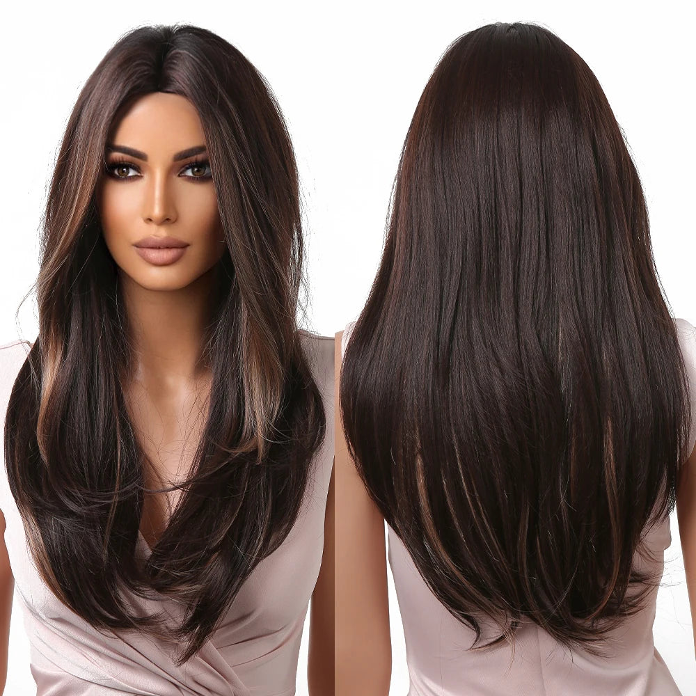 Wigs Factory Long Brown Straight Synthetic Wig Dark Brown Layered Wig With Highlight Natural Daily Heat Resistant Hair for Women