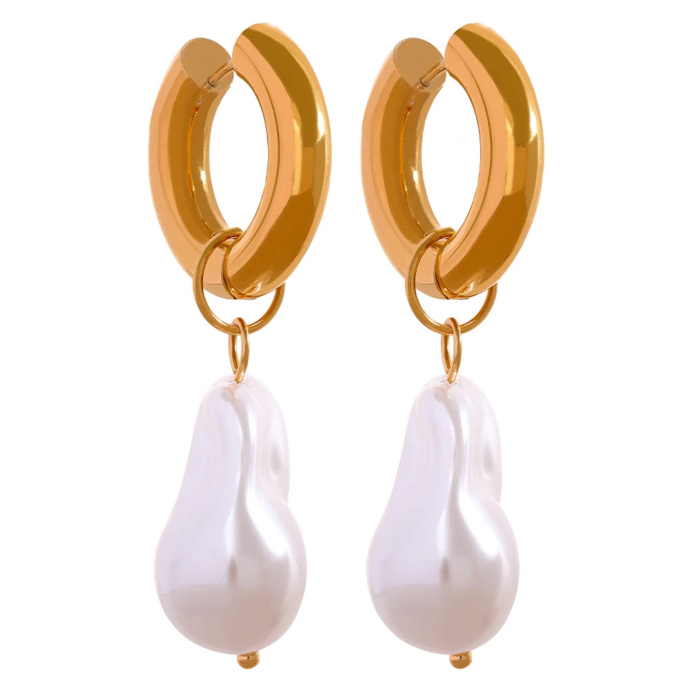 JINYOU 694 Circle Drop Baroque Artificial Pearls Stainless Steel Trendy Gold Color Hoop Earrings Charm Vintage Trendy Jewelry