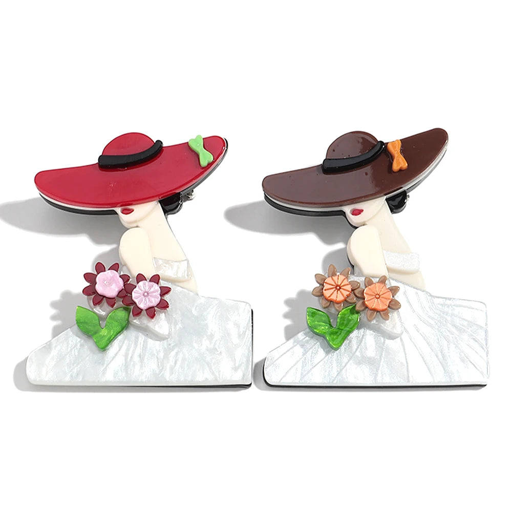 Newly Designed Fashionable Wide-brimmed Hat White Flower Dress Elegant Woman's Acrylic Brooch
