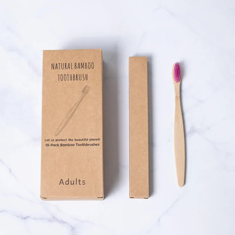5-Packs Reusable Organic Bamboo Toothbrush Set with Flat Handle and Charcoal Hair Bristles