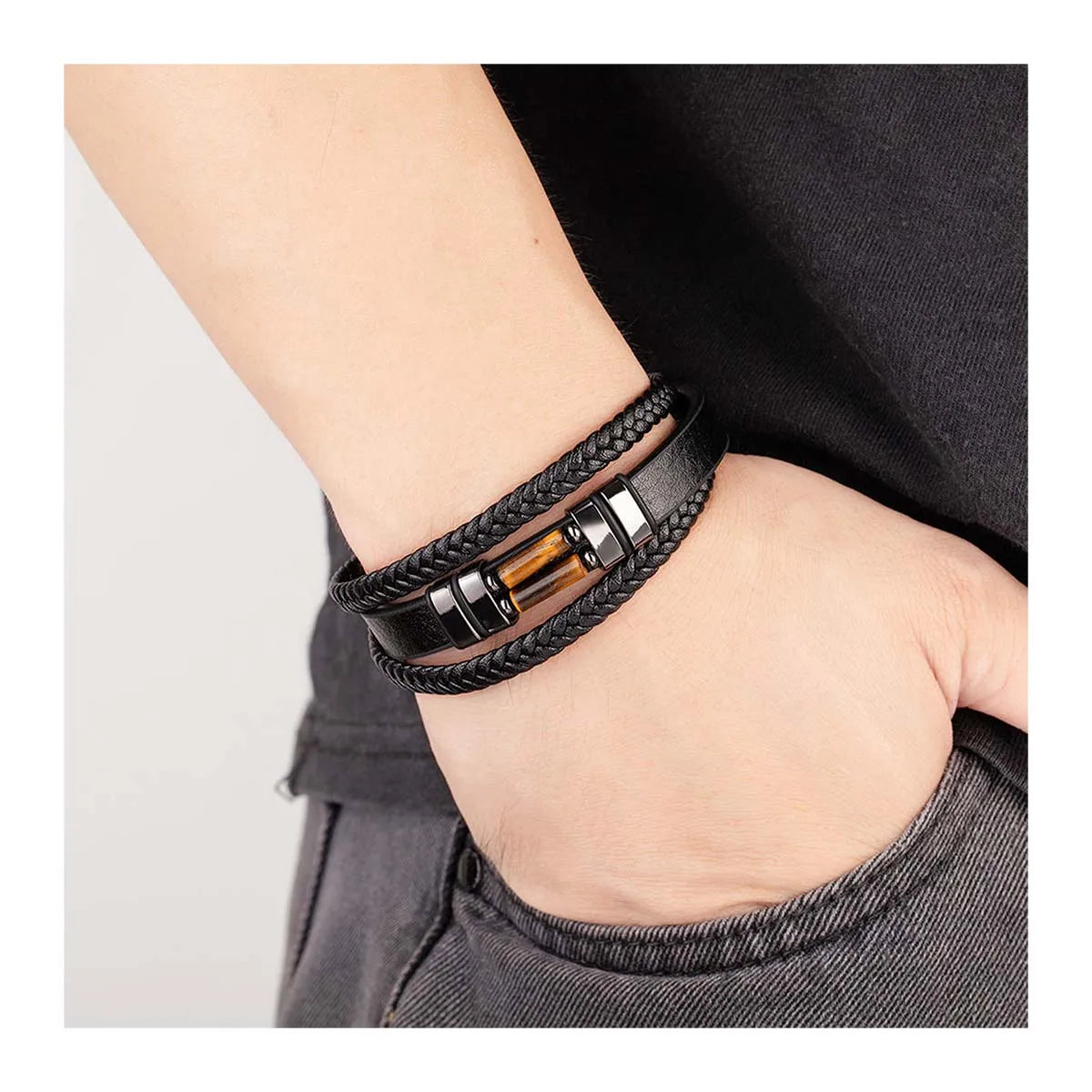 Natural Healing Stone Men Black Stainless Steel Magnetic Strength Calming Leather BraceletAnxiety Stress Relief Bracelet Gift