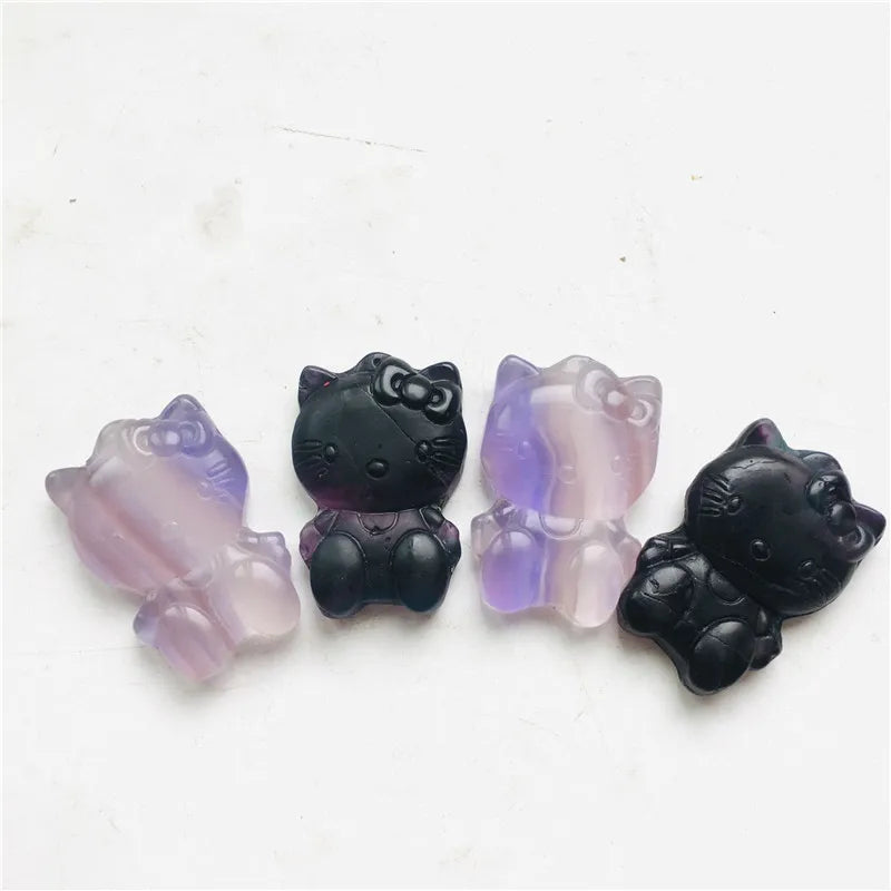 Natural Rainbow Fluorite Hello Kitty Hand-Carved Polished Crystal Carving Hello Kitty