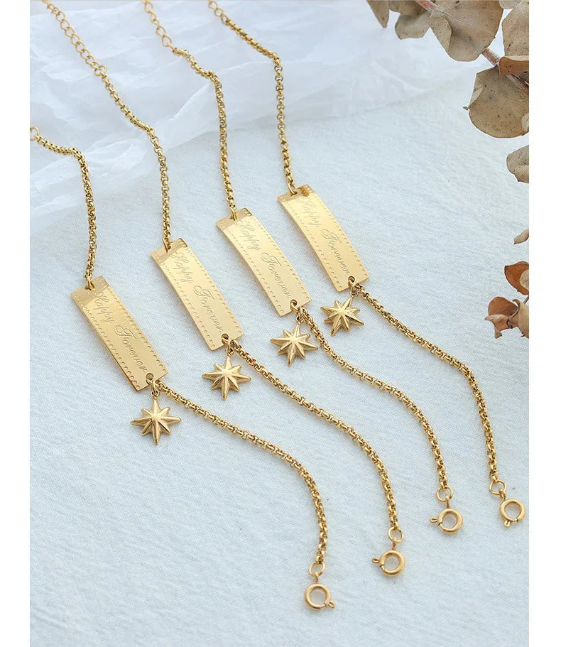 Minimalist Rectangle Bar Link Chain Bracelet Jewelry 18K Gold Plated Stainless Steel Delicate Engraved Word Bracelet for Gift