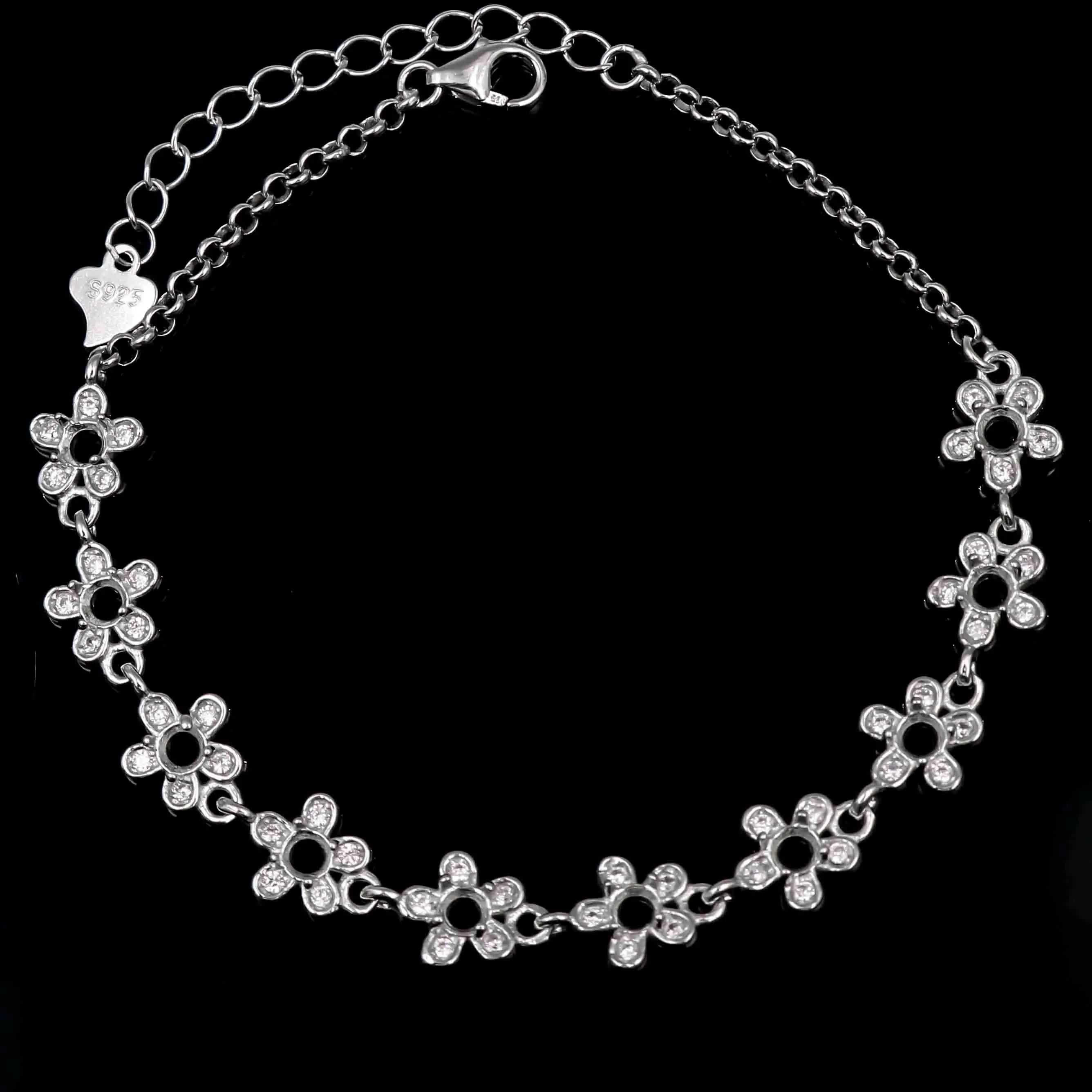 Sterling Silver 3*3mm Semi Mount Bracelet Empty Support Blank Claws Setting S925 Base Holder Without Center Stone Inlay for DIY