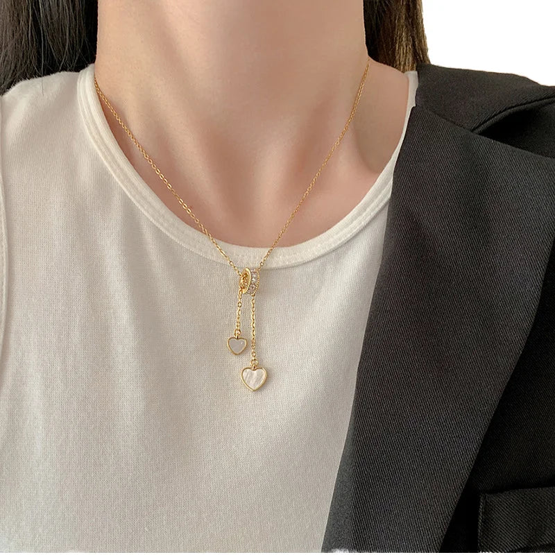 Vintage Double Shell Heart Necklace with Fine Titanium Steel Chain Stainless Steel Pendant Gold Plating for Weddings or Parties