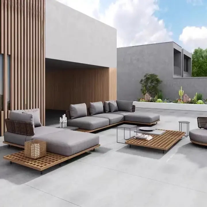 Factory Prices Luxury Villa Modern Outdoor Furniture Waterproof Teak Sofas Set Patio Sofa Wood Garden Furniture