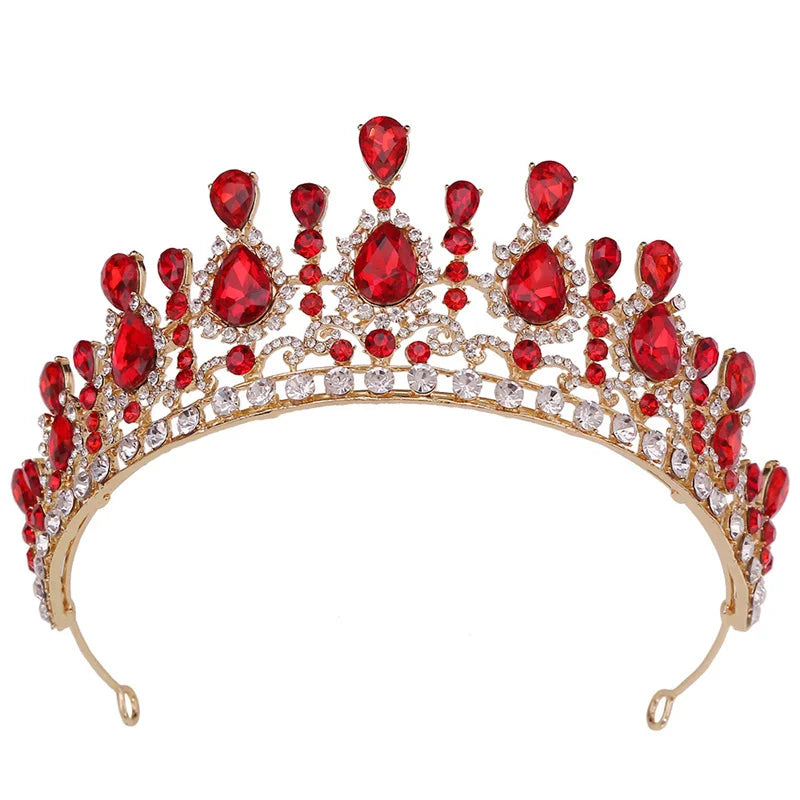 Crystal Princess Hair Accessories Royal Queen Crown Headband Red Rhinestone Wedding Tiara