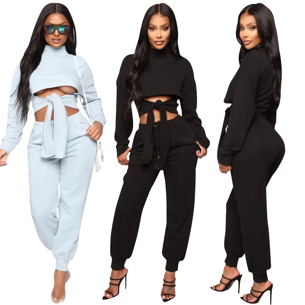 Women Fashion Crop Top Front Tie Solid Casual Two Piece Set Free Sample