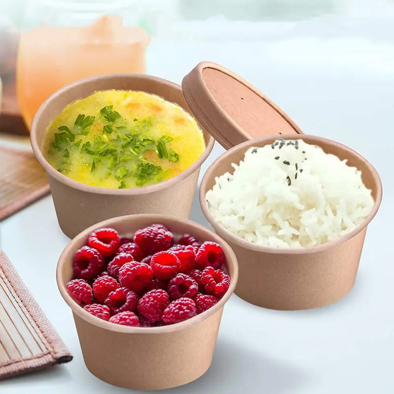 Customized Disposable Takeaway Salad Round Coating Kraft Paper Salad Bowl with Plastic Lid