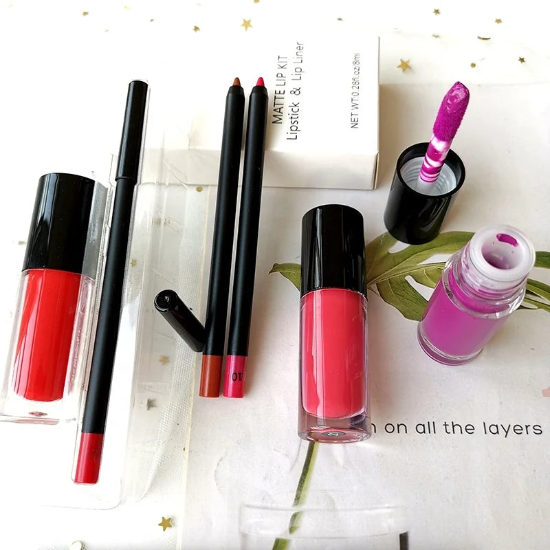 Wholesale Low Moq High Pigmented Waterproof Private Label Wooden Creamy Lipliner Lipstick Kit
