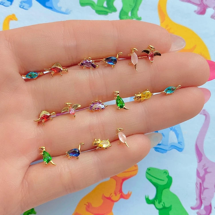 G287 Summer Tropical Rainforest Collection 18K Real Gold Plated Cute Dinosaur Stud Earrings