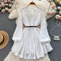 Spring Lace Hollow Women Long Sleeve White Casual Dresses