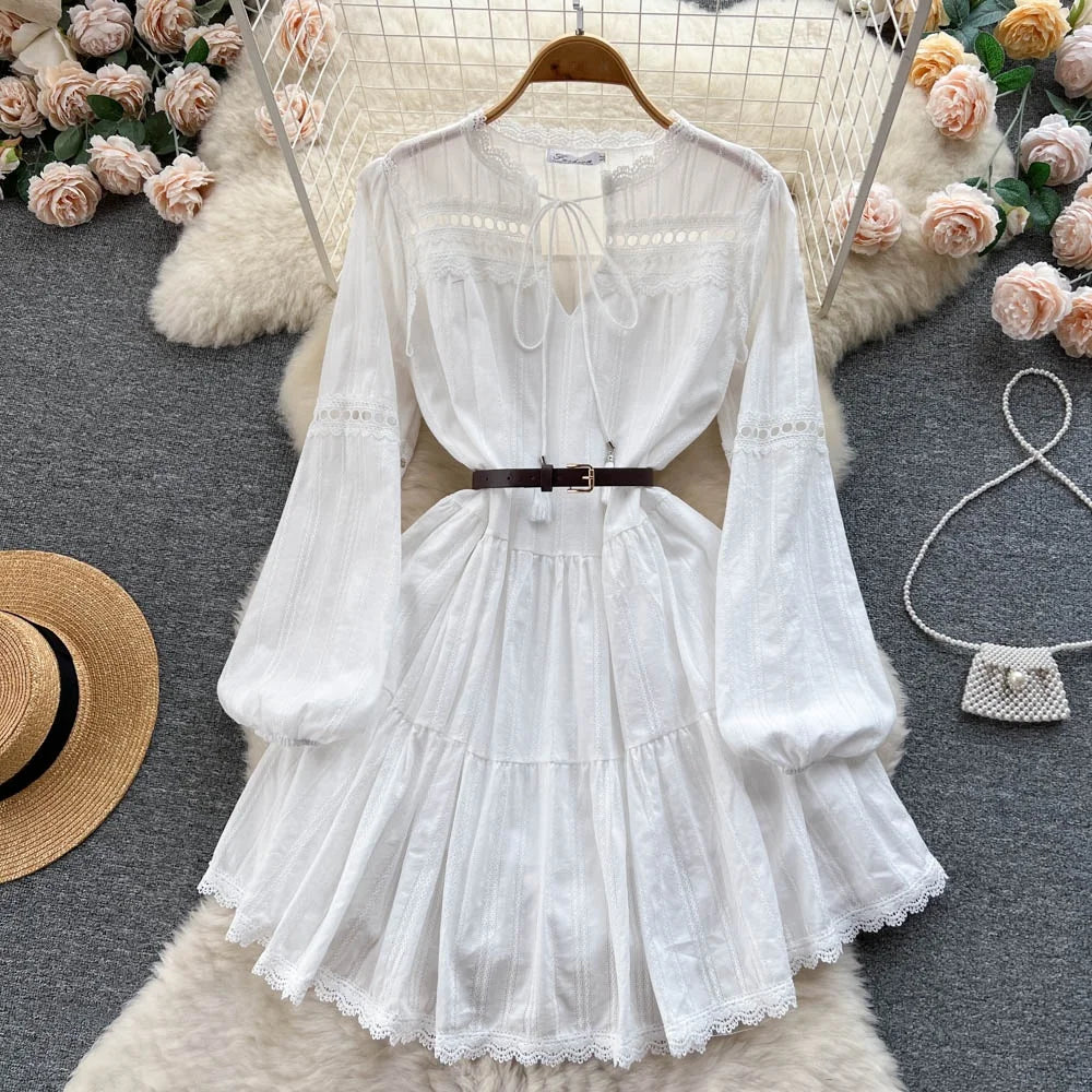 Spring Lace Hollow Women Long Sleeve White Casual Dresses