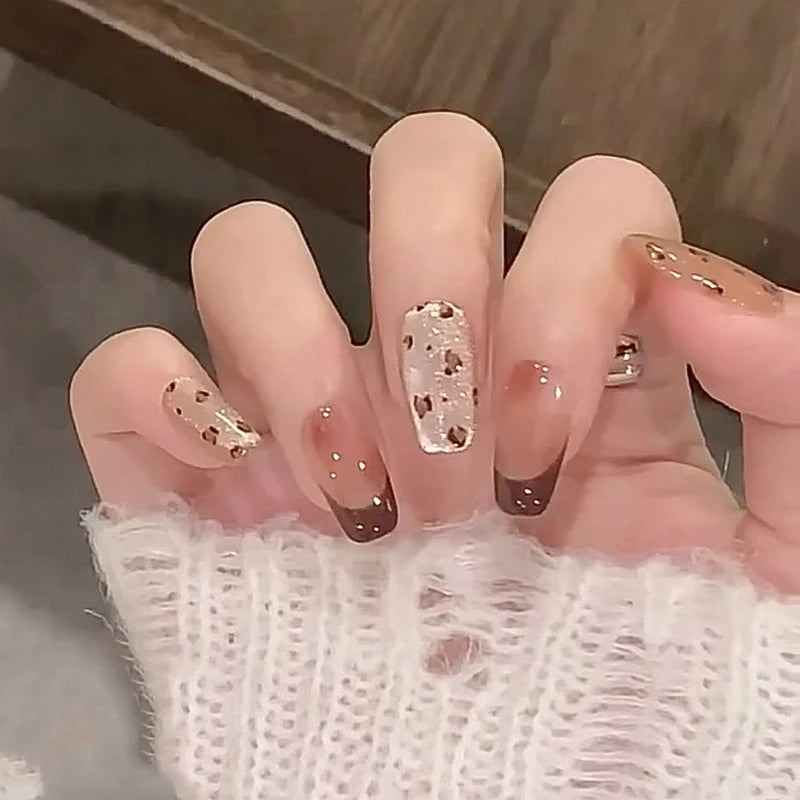 30 Pcs Leopard Print Cat Eye French Red Nail Art for Fair Skin Trendy Girls Acrylic Press on Nails Customize False Nails GN047