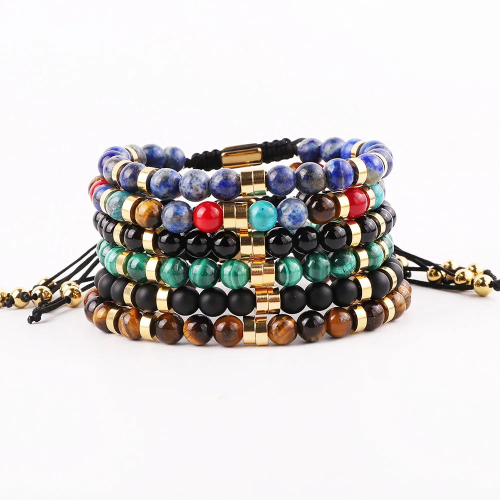 New Design Natural Stone 18K Gold PVD Plated Stainless Steel Bead Macrame Bracelet Men Jewelry JBS12402