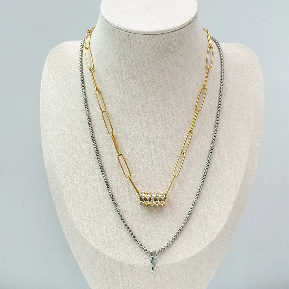 YF3823 Stainless Steel Waterproof Paper Clip Chain Jewelry 18k Gold Plated Full Zircon Circle Necklace Women