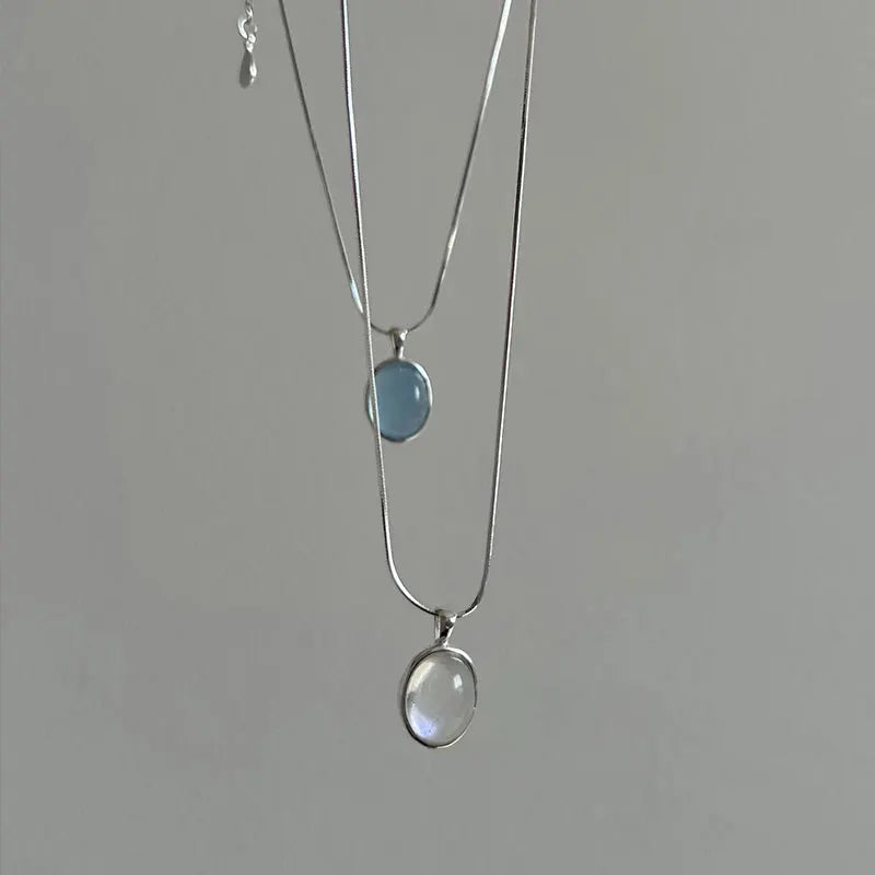 Beautiful Snake Chain Blue Natural Stone Pendant Necklace Delicate S925 Silver Necklace for Girls