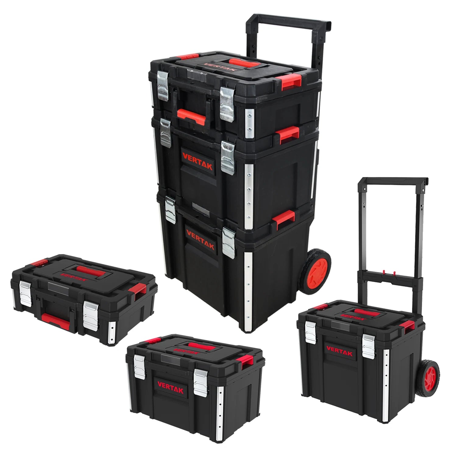 VERTAK 3 in 1 Professional Stackable Storage Toolbox Household Plastic Rolling Wheeled Tool Box for Outdoor Car Repair