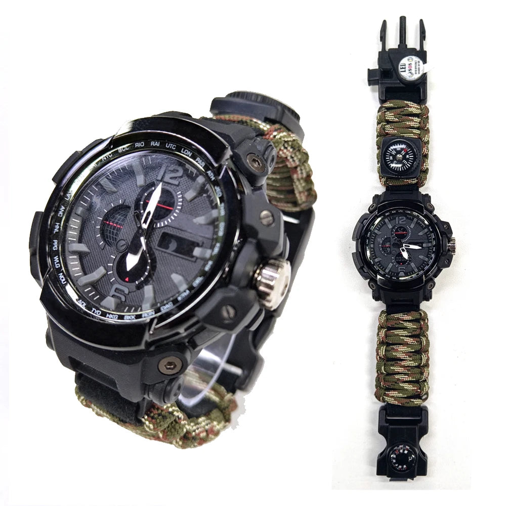 Outdoor Sports Multifunctional Led LightsThermometerWhistleScraperPoker Survival Tactics Watch Wholesale