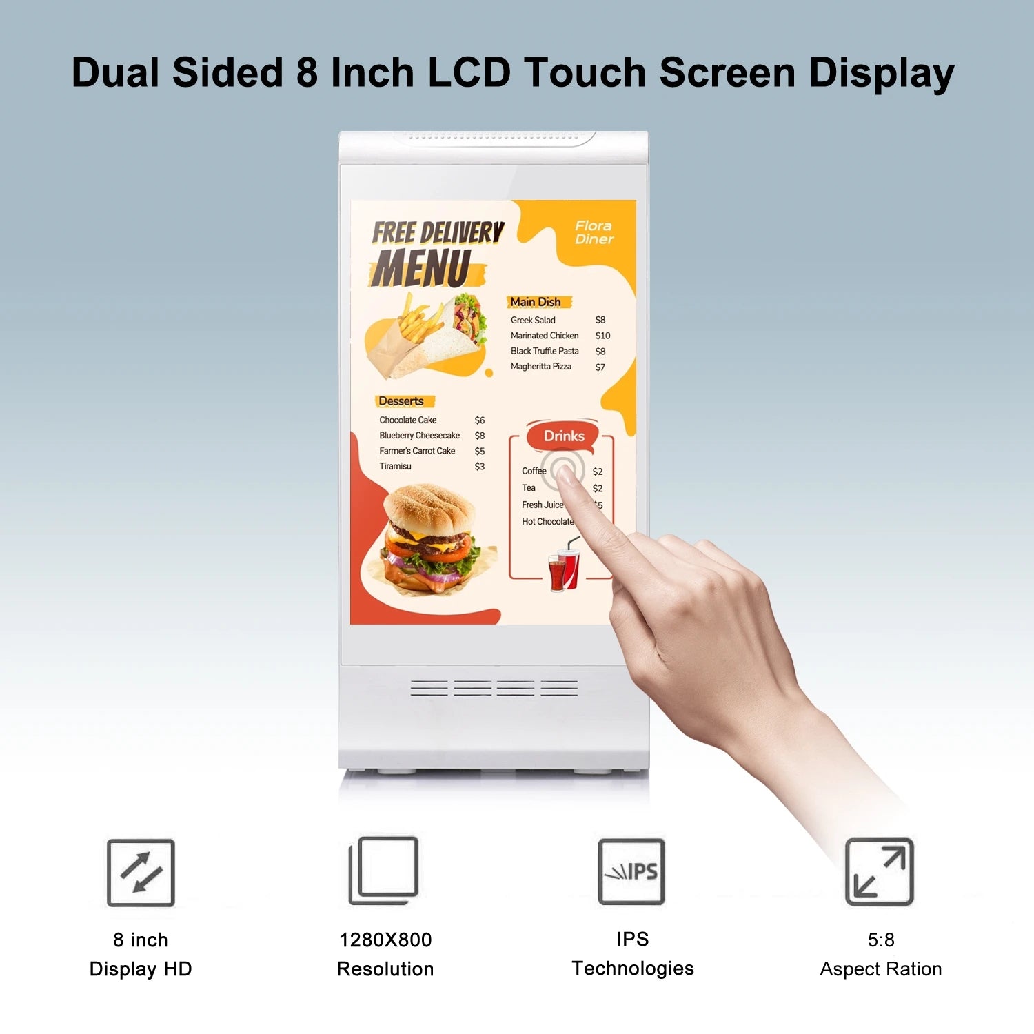 FYD-868 Plus Innovative Restaurant Bar Hotel Double 8 Inch LCD Touch Screen Android  WiFi Table Top Digital Advertising Display