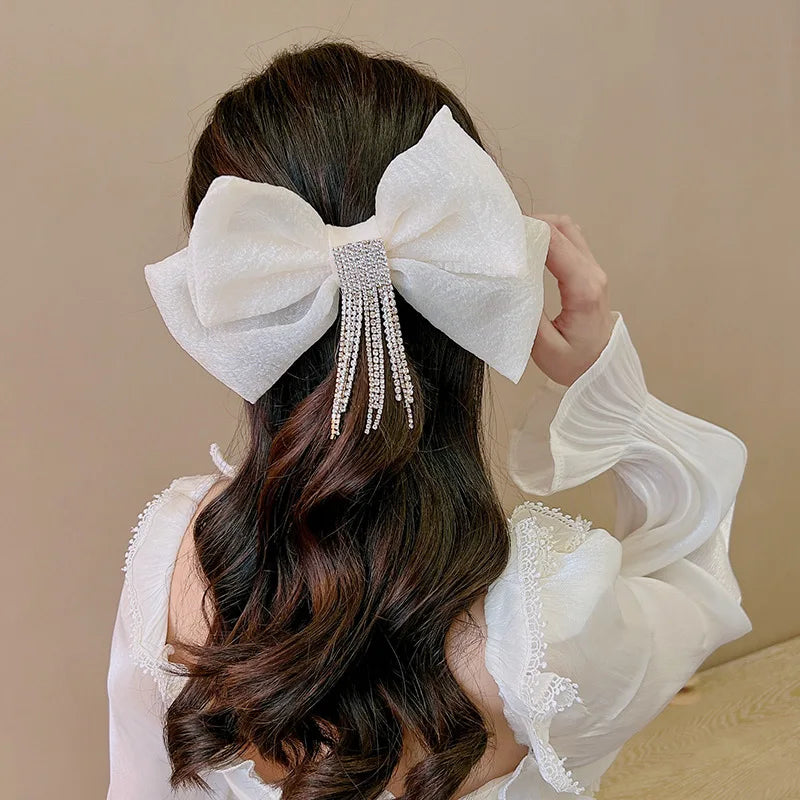 Organza Bowknot Hairpin Women Head Ornament Crystal Barrette Accessories Rhinestone Tassel Hair Spring Clip