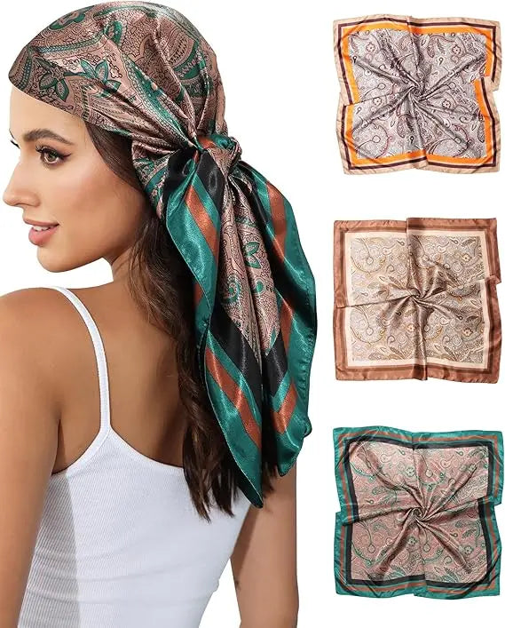 Extra Large 35-Inch Square Satin Bandana Fashion Silk Feeling Hair Scarf Wrapping Night Sleeping Headscarf for Beach Use