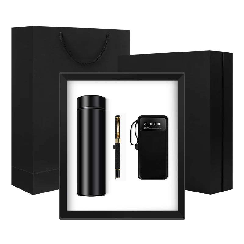 Custom Logo Welcome Business Gift Set Vacuum Flask with Temperature Display 10000mAh Power Bank Metal Pen